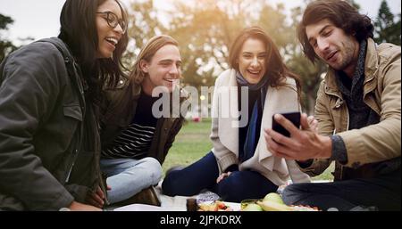 Schauen Sie sich diese App Freunde. Junge Freunde mit einem Picknick draußen. Stockfoto