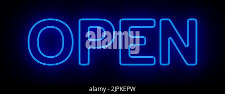 Blaues Neon auf dunklem Hintergrund offen. 3D Abbildung Stockfoto