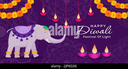diwali Festival Illustration Banner mit einem Elefanten, Blumen und Diya Stock Vektor