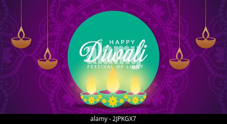 Fröhliche diwali in lila Hintergrund und mit Rangoli erhellen Stock Vektor