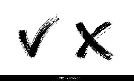 Pinsel lackiert ja und keine Häkchen. Schwarz-Weiß-Karabotafeln und Kreuzschilder. Symbole zur Genehmigung und Ablehnung gezeichneter Stimmen. X- und V-Embleme. Stock Vektor