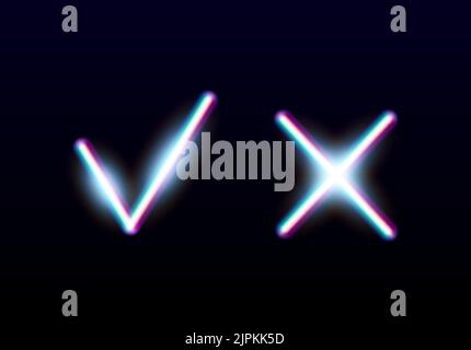 Neon leuchtet ja und keine Checkmarks. Glänzende Check- und Kreuzschilder. Stimmen Sie die leuchtenden Symbole ab, und lehnen Sie sie ab. X- und V-Embleme. Stock Vektor
