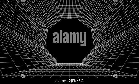 Abstrakter Computerhintergrund im Stil von 80s. Interieur im Sci-Fi-Stil mit Retro-Linien. Synthwave- oder retrowave-Rasterraum. Stock Vektor