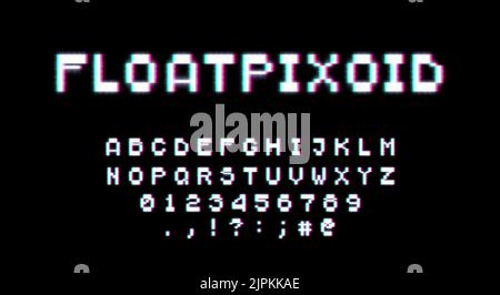 Schrift im Retro-80s-Stil mit Neonlicht. Pixel Video Game 8bit Schriftart. Satz lateinischer Großbuchstaben, Zahlen und Satzzeichen im Retro-Stil. Stock Vektor