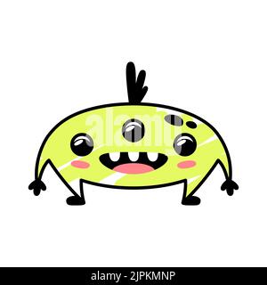 Lustige Cartoon gelbe Monster lächeln freundlich. Eine fiktive Figur für Kinder. Niedliche Alien-Ikone im Doodle-Stil. Ein gutes Maskottchen für die Marke. Ein cooler Aufdruck für Kinderprodukte. Stock Vektor