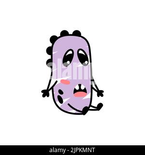 Lustige Cartoon lila Monster sitzt verwirrt. Eine fiktive Figur für Kinder. Niedliche Alien-Ikone im Doodle-Stil. Trauriges Maskottchen für die Marke. Ein cooler Aufdruck für Kinderprodukte. Stock Vektor