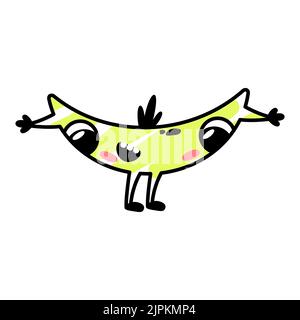 Lustige Cartoon gelbe Monster lachen. Eine fiktive Figur in Form einer Banane. Niedliche Alien-Ikone im Doodle-Stil. Umarmende Maskottchen für die Marke. Ein cooler Aufdruck für Kinderprodukte. Stock Vektor