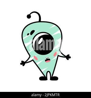 Lustige Cartoon blaues Monster mit einem großen Auge. Eine fiktive Figur für Kinder. Niedliche Alien-Ikone im Doodle-Stil. Überrascht Maskottchen für die Marke. Ein cooler Aufdruck für Kinderprodukte. Stock Vektor