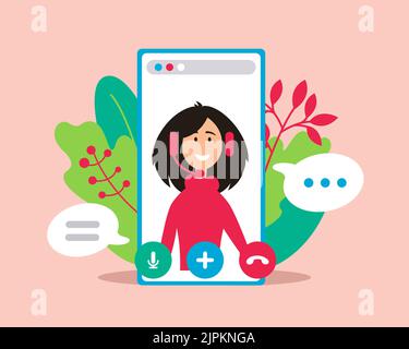 Videokonferenzen, Arbeiten von zu Hause aus, soziale Distanzierung, geschäftliche Diskussionen. Mädchen mit Video-Chat. Vektorgrafik. Streaming, Web-Chat, Stock Vektor
