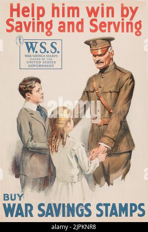 World war I Propaganda (American Lithographic Co., 1918) Hilf ihm, zu gewinnen, indem er rettet und dient. Kaufen Krieg Sparmarken. W.S.S. Briefmarken Für Kriegseinsparungen. Stockfoto