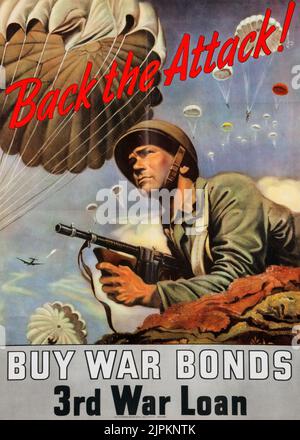 Kriegsdarlehen im Zweiten Weltkrieg 3. Poster „Back the Attack! „Buy War Bonds“. Künstler: Georges Schreiber. Stockfoto