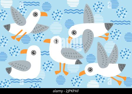 Vektor-Illustration niedliche Möwen auf blauem Hintergrund mit abstrakten Punkten Stock Vektor