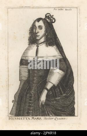 Henrietta Maria, Mutter Queene, 1609-1669. Königin von König Karl I. von England. Jüngste Tochter von Heinrich IV. Von Frankreich und Marie de Medici. Porträt mit gelocktem Haar unter der Mütze einer Witwe und Schleier, Krone, einfarbigem Kragen, Mieder und Kleid. Kupferstich von Robert Walton nach einem Porträt, das Richard Gaywood aus Samuel Woodburns Galerie der Seltenen Porträts, bestehend aus Originalplatten, zugeschrieben wird, George Jones, 102 St Martin’s Lane, London, 1816. Stockfoto