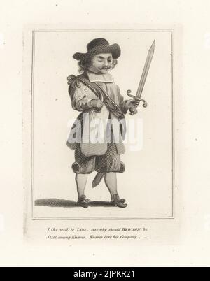 John Hewson, einäugiger Oberst des Parlaments, regizid, starb 1662. Im englischen Bürgerkrieg gekämpft, führte ein Regiment der New Model Army in Oliver Cromwells Invasion Irlands an. In Mütze, unifarbenem Kragen, Tunika, Hosen, Schnallenschuhen, Mit Schwert, Schärpe und Pulverhorn. Kupferstich aus Samuel Woodburns Galerie für seltene Porträts, bestehend aus Originalplatten, George Jones, 102 St Martin’s Lane, London, 1816. Stockfoto
