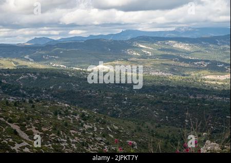 Touristische Route D141 Straße von La Ciotat nach Cassis, Panoramablick auf sandige Kalksteinfelsen und grünen Pinienwald, Urlaub in der Provence, Frankreich Stockfoto