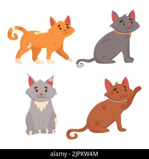 Set von niedlichen Katzen in verschiedenen Posen. Lustige Katzen isoliert auf weißem Hintergrund. Flache Vektorgrafik. Stock Vektor