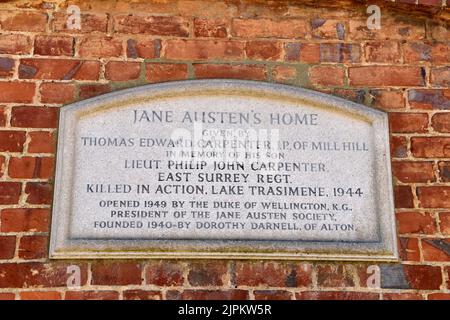 Jane Austen’s House, Chawton, in der Nähe von Alton, Hampshire, Großbritannien. In diesem Haus lebte Jane die letzten 8 Jahre ihres Lebens (1809-17). Stockfoto