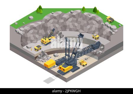 Isometrischer Bergbaubruch, Mine mit großem Baggerwagen und Bucket-wheel Bagger. Kohlebergwerk. Schaufelradbagger Bergbau Braunkohle. Stock Vektor