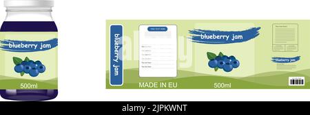 Ein schönes Glas Heidelbeermarmelade und ein Etikett isoliert auf dem weißen Hintergrund Stock Vektor