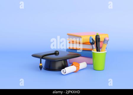 Konzept der Back-to-School, Lernen und Online-Bildung Banner. Abschlusskappe mit Bücherstapel und Schreibzubehör. 3D hochwertige Render Stockfoto