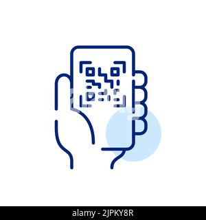 Hand hält ein Smartphone, das den qr-Code scannt. Pixel-perfektes, bearbeitbares Strichliniensymbol Stock Vektor