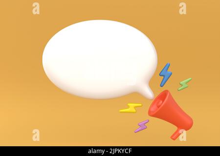 3D Megafon-Lautsprecher oder Lautsprecher-Bullhorn für announce Promotion, rotes Megaphon mit blanko weißer Sprachisolierung auf hellorangefarbenem Hintergrund. Minimal Stockfoto