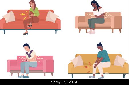 Menschen mit Bauch- und Beinschmerzen sind halb flache Farbvektorzeichen gesetzt Stock Vektor