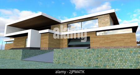 Eingang zur Garage eines modernen Landhauses mit Holzfassade. Eiserne geneigte automatische Tore. Exklusives Eingangsdesign mit Veranda. 3D Rendern. Stockfoto