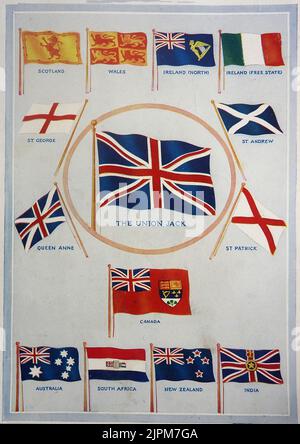 Ein frühfarbiger Ausweis mit Flaggen des Britischen Imperium Stockfoto
