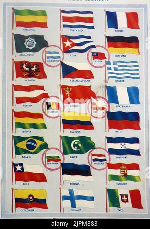 Ein frühfarbiger Ausweis mit Flaggen aus dem Ausland Stockfoto