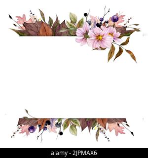 Aquarell-Rahmenanordnung mit handgezeichneten herbstblumen, Beeren, Zweigen und Blättern der cosmea. Isoliert auf weißem Hintergrund. Design für Einladungen Stockfoto