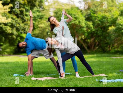 Eine Gruppe glücklicher Menschen, die im Sommerpark Yoga machen Stockfoto