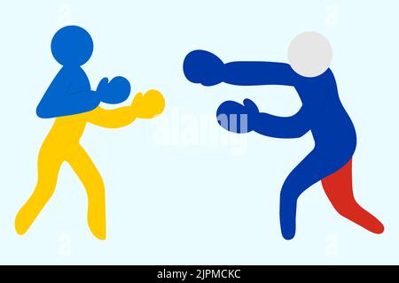 Zwei Boxer kämpfen. Vektor. Die Menschen sind in den Farben der Fahnen Russlands und der Ukraine gemalt. Sportler in Boxhandschuhen boxen. Stock Vektor