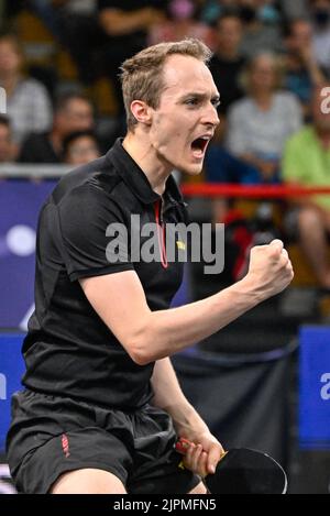 München, Deutschland. 19. August 2022. Der Belgier Cedric Nuytinck, der am 9. Tag der Europameisterschaft in München 2022, Deutschland, am Freitag, dem 19. August 2022, beim Finale 16. beim Tischtennis-Turnier in Aktion gezeigt wurde. In diesem Spiel spielte Cedric Nuytinck gegen den Frensch Alexis Lebrun. Die zweite Auflage der Europameisterschaften findet vom 11. Bis 22. August statt und umfasst neun Sportarten. BELGA FOTO ERIC LALMAND Kredit: Belga Nachrichtenagentur/Alamy Live News Stockfoto