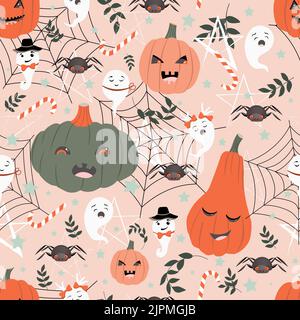 Modernes halloween-Design nahtlos. Rosa Hintergrund mit Kürbissen, Spinnen und Spinnweben. Halloween Geschenkpapier. Oktober 31 Muster für Kleidung und Stock Vektor