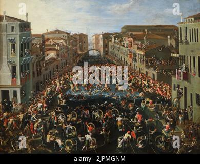Gemälde „Wettbewerb auf der Ponte dei Pugni in Venedig“ des deutschen Malers Joseph Heintz der Jüngere (1673) auf disрlау im Gеrmаnisсhе Nаtiоnаlmusеum (Deutsches Nаtiоnаl-Museum) in Nürnbеrg, Deutschland. Der Wettbewerb fand jährlich zwischen den Bewohnern der östlichen und westlichen Stadtteile der Stadt statt. Stockfoto