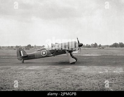 Ein gefangener Focke Wulf FW 190A-3, der beim Royal Aircraft Establishment in Farnborough, England, rollte, wobei der Haupttestpilot der RAE an den Kontrollen war. Das Flugzeug wurde von fliegenden und technischen Mitarbeitern einer umfassenden Evaluierung unterzogen, einschließlich eines Testprogramms mit alliierten Kämpfern der damaligen Zeit. Ein deutscher Kämpfer, der Ende 1930s entworfen wurde, begann im August 1941 über Frankreich zu fliegen und erwies sich schnell als überlegen in allen Wenderadius bis auf die Spitfire Mk. V, der Hauptkämpfer der Royal Air Force (RAF), insbesondere in niedrigen und mittleren Höhen. Stockfoto