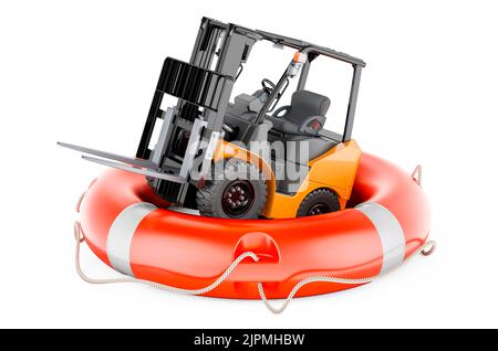 Gabelstapler mit Rettungsgurt, 3D-Darstellung isoliert auf weißem Hintergrund Stockfoto