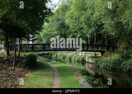 Gewölbte, schwarze Metallfußbrücke über Grachtenpfad und Bäume Stockfoto