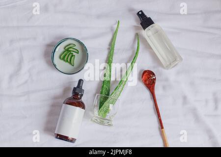 Produktmockup aus Aloe Vera Spray und Serum, das ein natürliches und umweltfreundliches Schönheits- und Körperpflegeprodukt zeigt Stockfoto