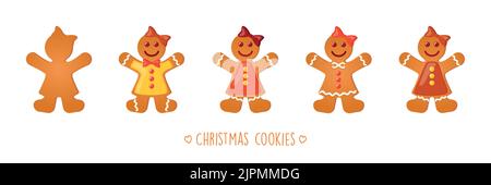 weihnachtsplätzchen Set mit verschiedenen Sahnehäubchen und Zucker Dekoration Lebkuchen Mädchen Stock Vektor