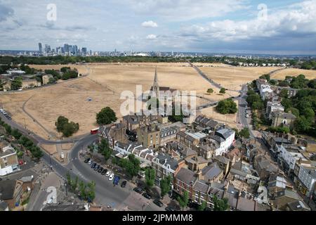 Blackheath London UK Drohne Luftaufnahme im Sommer Dürre 2022, braun ausgetrocknete Gras Stockfoto