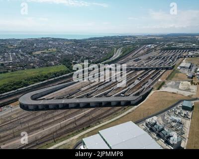 Eurotunnel Folkestone Terminal Kanaltunnel UK Drohne Luftaufnahme Stockfoto