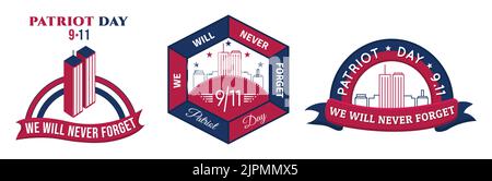 Patriot Day 11 September Geometrische Form Emblem Vektor-Illustration. 9 11 Wir werden nie vergessen USA Abstract Flat Badge. World Trade Center, Twin Tower Stock Vektor