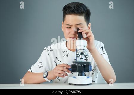 Porträt eines hübschen Jungen im Teenageralter mit stilvollem Haarschnitt, der durch das Mikroskop schaut, während er am Schreibtisch sitzt und einen wissenschaftlichen Kurs führt Stockfoto