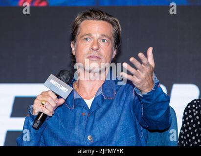19 Aug 2022 - Seoul, Südkorea : Darsteller Brad Pitt posiert während einer Pressekonferenz, um für den Film 'Bullet Train' am 19. August 2022 in Seoul, Südkorea, zu werben. Der Film wird am 24. August in Südkorea erscheinen. (Foto von Lee Young-ho/Sipa USA) Stockfoto