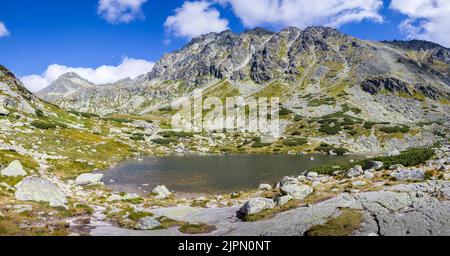 Schöne Panorama-Berg Seenlandschaft, Pleso nad Skokom, Vodopad Skok, Vysoke Tatry, hohe Tatra - Slowakei, Europa. HD Wallpaper, 4K Grün zurück Stockfoto