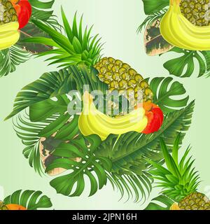 Nahtlose Textur tropische Fruchtbanane und Ananas mit tropischen Blättern aus Banane Ficus, Handfläche, Philodendron auf weißem Hintergrund Vektorgrafik Stock Vektor