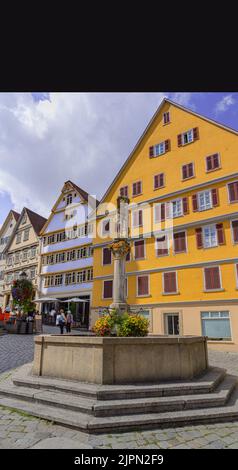 Marktplatz mit Brunnen vor der Stiftskirche Tübingen. Baden Württemberg, Deutschland, Europa Stockfoto