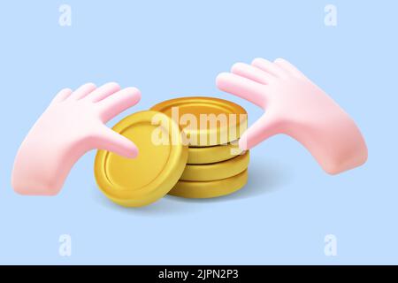 3D Cartoon menschliche Hände zählen goldene Münzen. Stock Vektor